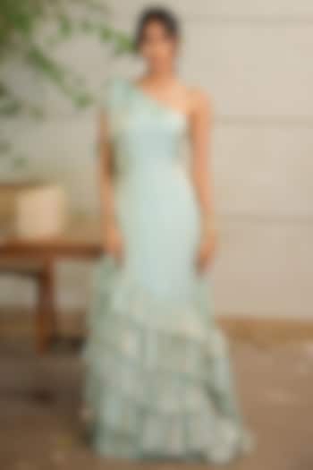 Sky Blue Shimmer Organza Embellished One-Shoulder Maxi Vacation Dress by Foram Patel at Pernia's Pop Up Shop