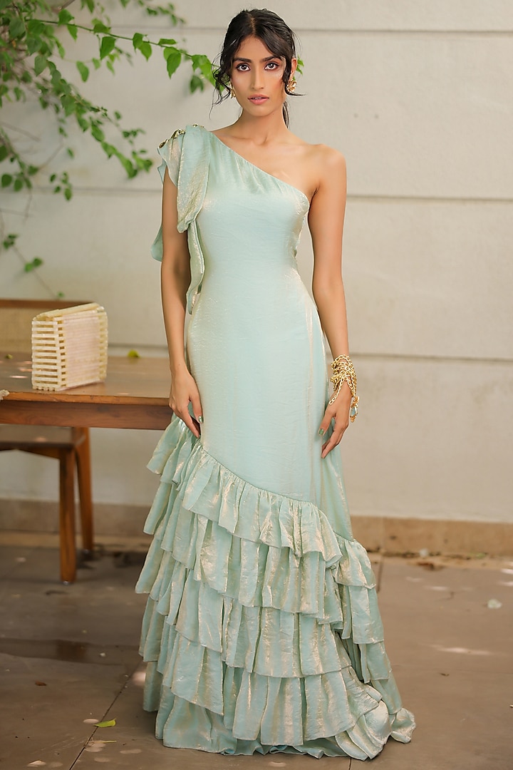 Sky Blue Shimmer Organza Embellished One-Shoulder Maxi Vacation Dress by Foram Patel at Pernia's Pop Up Shop