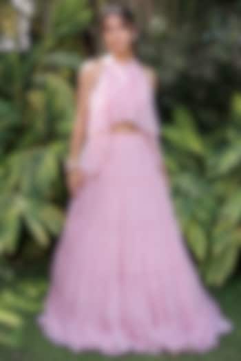 Pastel Pink Soft Shimmer Organza Tiered Skirt Set  by Foram Patel at Pernia's Pop Up Shop
