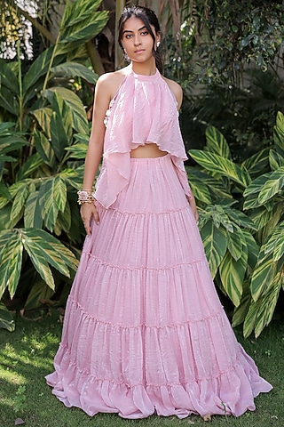 Pastel Pink Soft Shimmer Organza Tiered Skirt Set  by Foram Patel