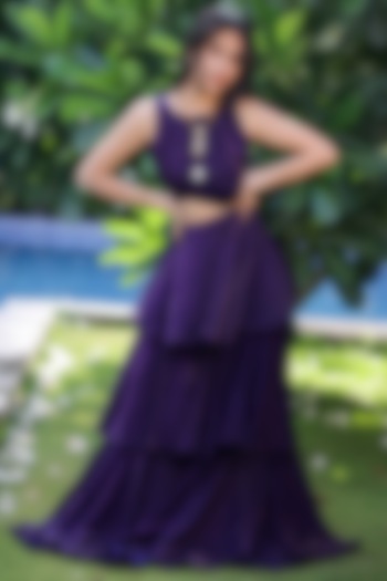 Deep Purple Shimmer Organza Embellished Maxi Vacation Dress by Foram Patel at Pernia's Pop Up Shop