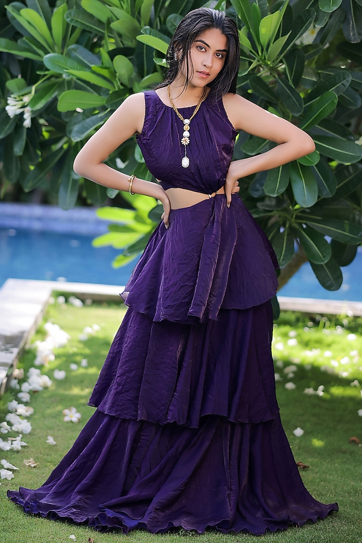 Deep Purple Shimmer Organza Embellished Maxi Vacation Dress by Foram Patel at Pernia's Pop Up Shop
