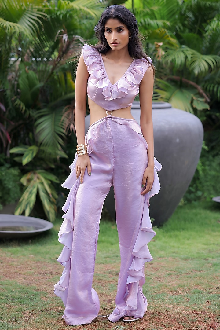 Lilac Soft Organza Ruffled Jumpsuit by Foram Patel at Pernia's Pop Up Shop