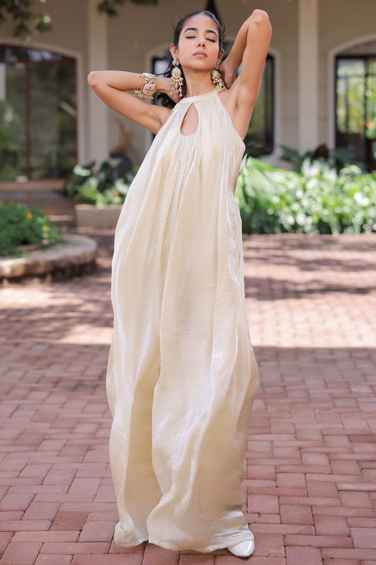 Cream Soft Shimmer Organza Pleated Jumpsuit by Foram Patel at Pernia's Pop Up Shop