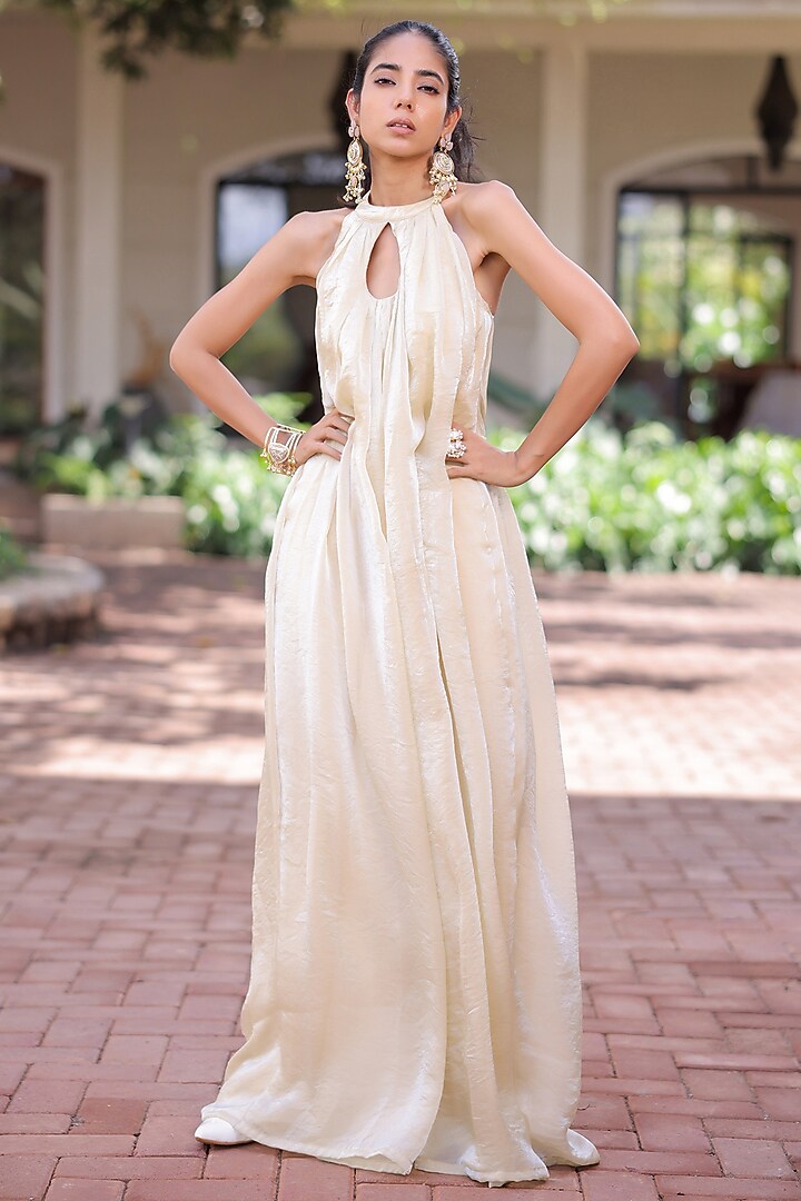Cream Soft Shimmer Organza Pleated Jumpsuit by Foram Patel at Pernia's Pop Up Shop