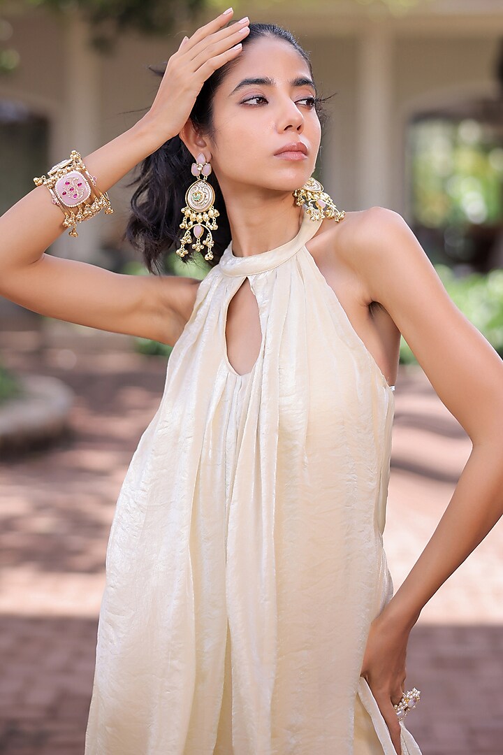 Cream Soft Shimmer Organza Pleated Jumpsuit by Foram Patel at Pernia's Pop Up Shop