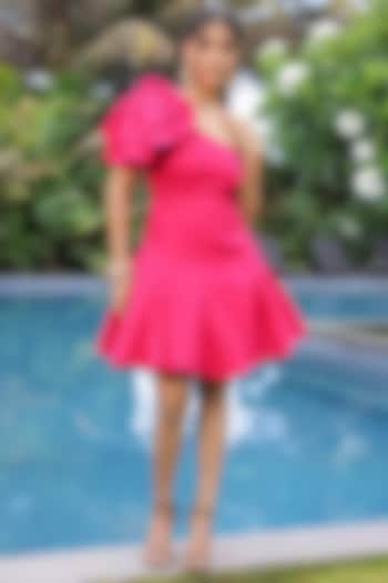 Pink Rayon One-Shoulder Mini Summer Dress by Foram Patel at Pernia's Pop Up Shop