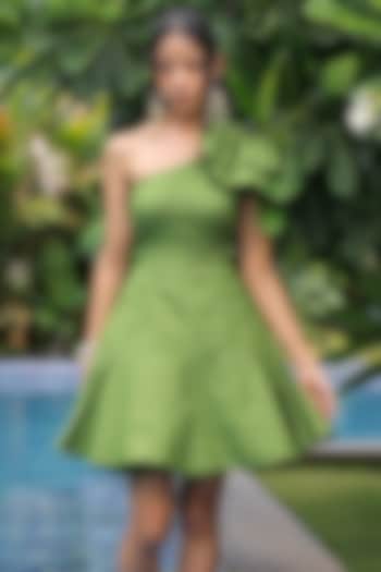 Olive Green Rayon One-Shoulder Mini Summer Dress by Foram Patel at Pernia's Pop Up Shop