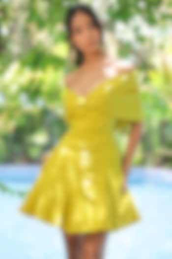 Lime Green Rayon Off-Shoulder Mini Summer Dress by Foram Patel at Pernia's Pop Up Shop