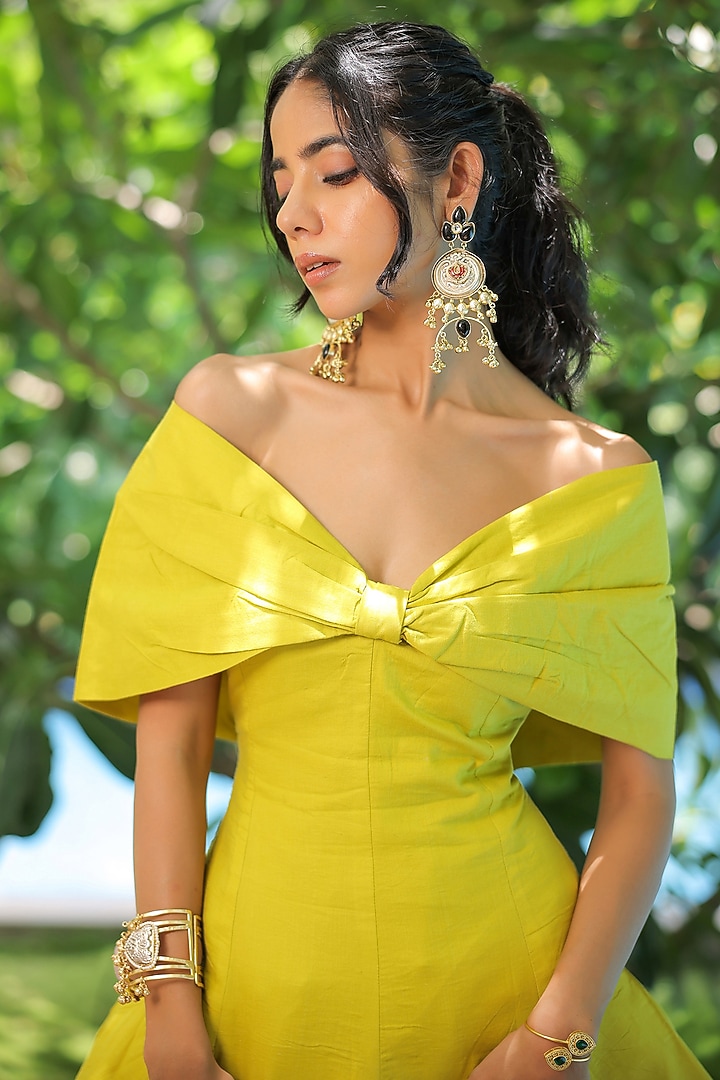 Lime Green Rayon Off-Shoulder Mini Summer Dress by Foram Patel at Pernia's Pop Up Shop