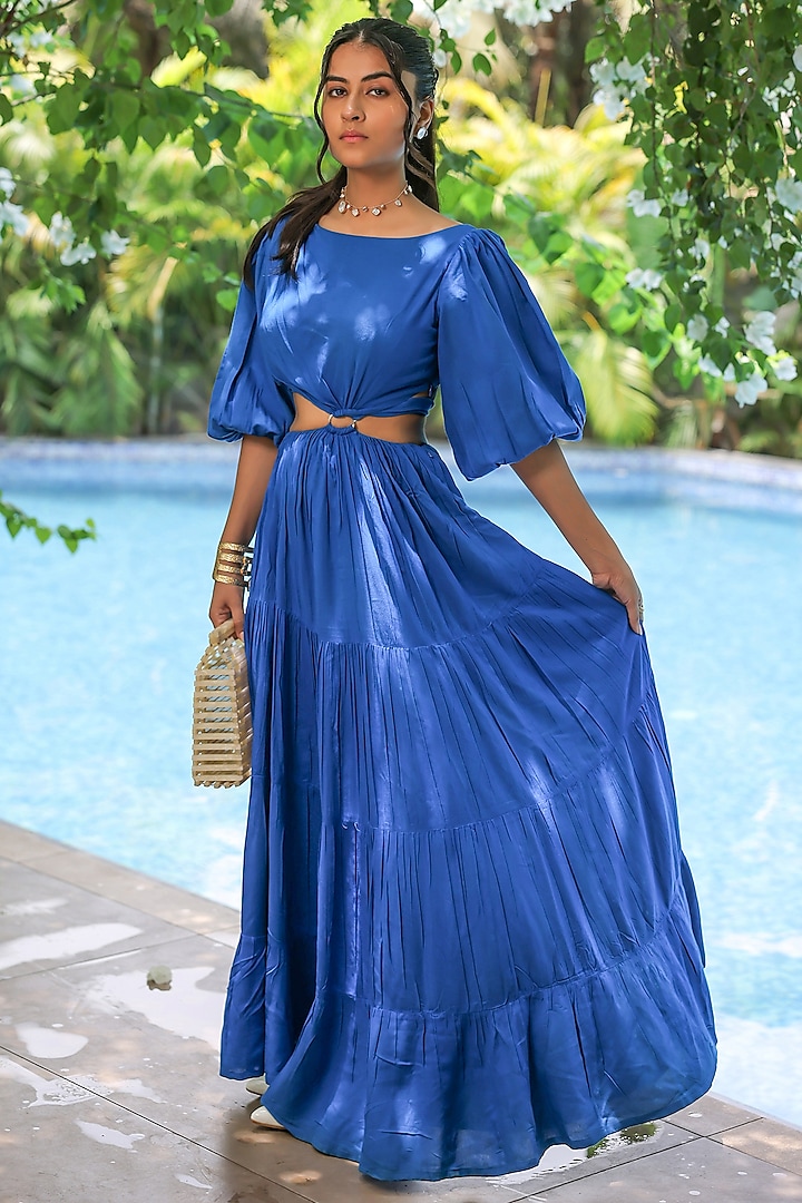 Electric Blue Rayon Tiered Maxi Summer Dress by Foram Patel at Pernia's Pop Up Shop