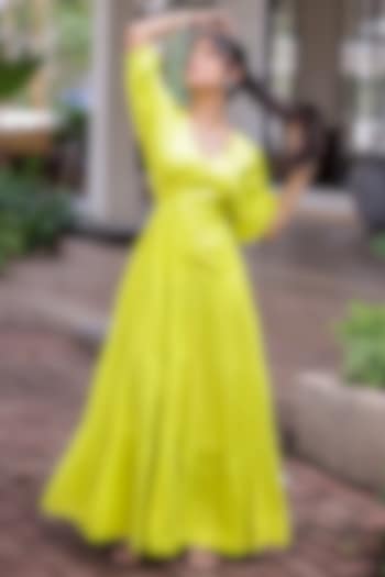 Lime Green Rayon Tiered Maxi Summer Dress by Foram Patel at Pernia's Pop Up Shop