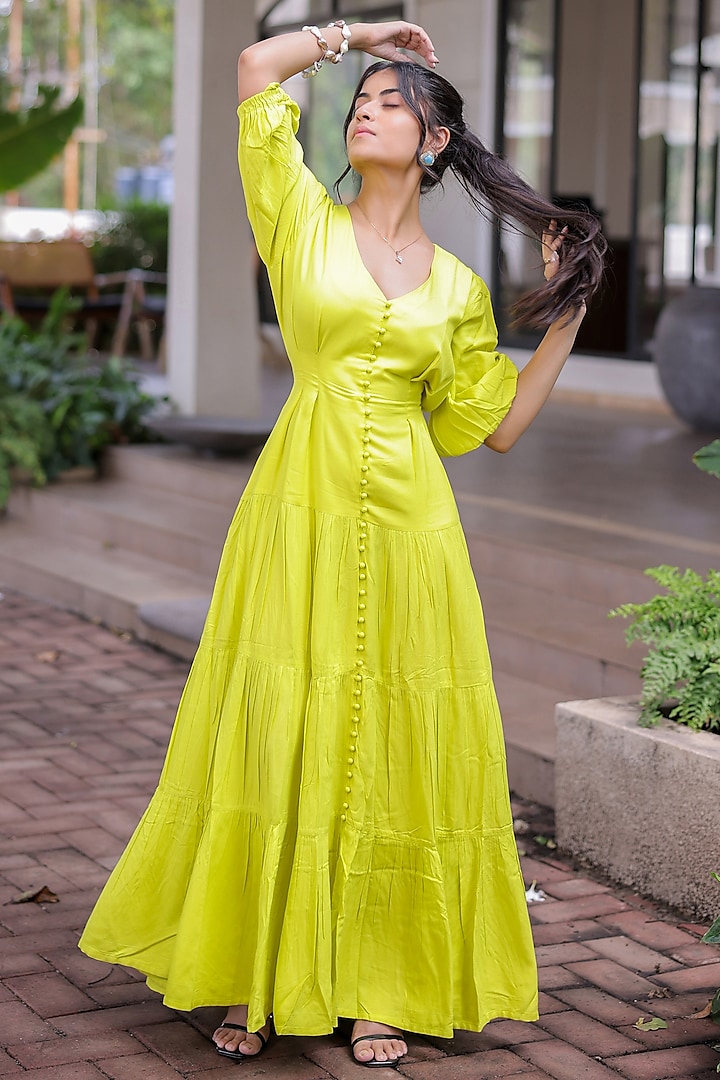 Lime Green Rayon Tiered Maxi Summer Dress by Foram Patel at Pernia's Pop Up Shop