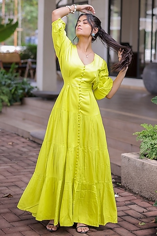 Lime Green Rayon Tiered Maxi Dress by Foram Patel