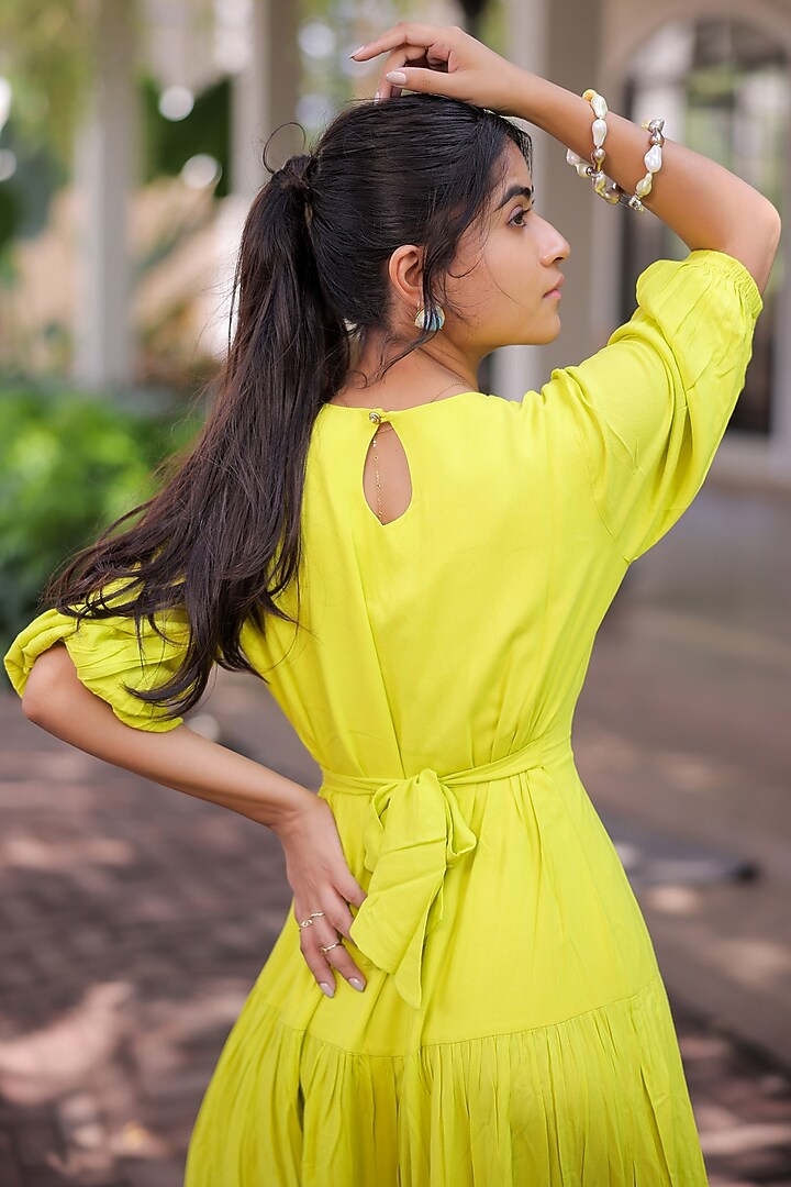 Lime Green Rayon Tiered Maxi Summer Dress by Foram Patel at Pernia's Pop Up Shop