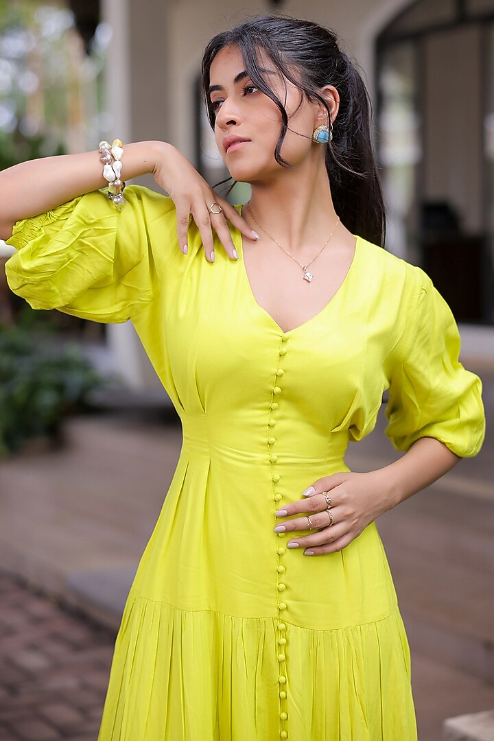 Lime Green Rayon Tiered Maxi Summer Dress by Foram Patel at Pernia's Pop Up Shop