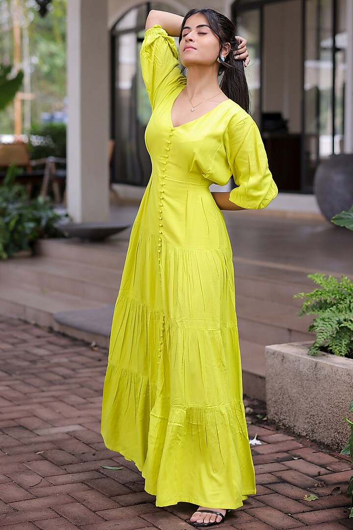 Lime Green Rayon Tiered Maxi Summer Dress by Foram Patel at Pernia's Pop Up Shop