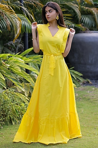 Yellow Rayon Maxi Dress by Foram Patel