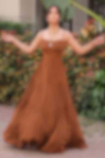 Brown Rayon Tiered Maxi Summer Dress by Foram Patel at Pernia's Pop Up Shop
