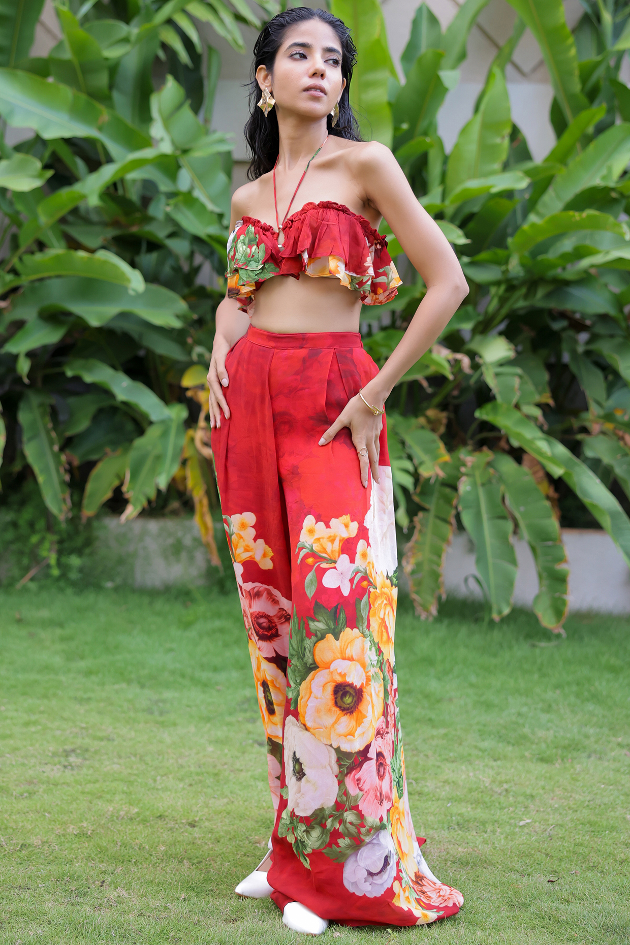 Red Georgette Floral Printed Pant Set by Foram Patel at Pernia's Pop Up Shop