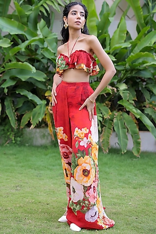 Red Georgette Floral Printed Pant Set by Foram Patel