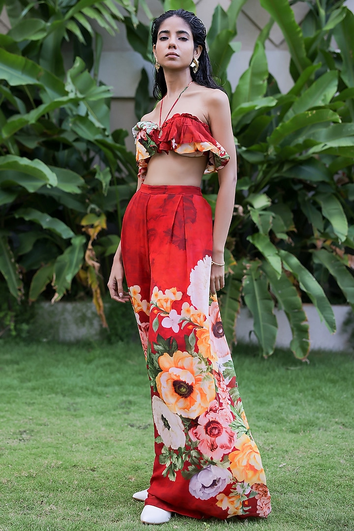 Red Georgette Floral Printed Pant Set by Foram Patel at Pernia's Pop Up Shop