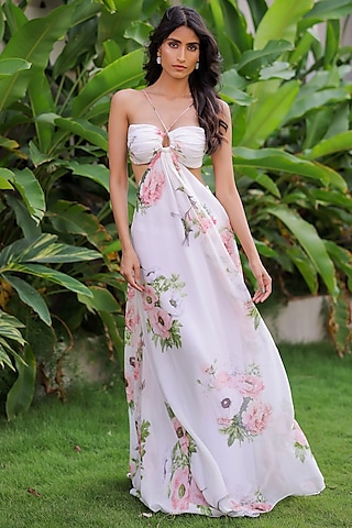White Georgette Floral Printed Maxi Dress by Foram Patel