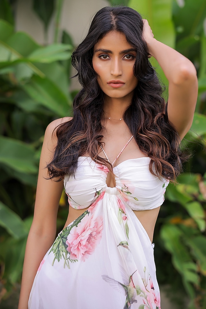 White Georgette Floral Printed Maxi Vacation Dress by Foram Patel at Pernia's Pop Up Shop
