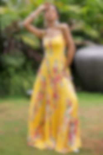 Yellow Georgette Floral Printed Maxi Vacation Dress by Foram Patel at Pernia's Pop Up Shop