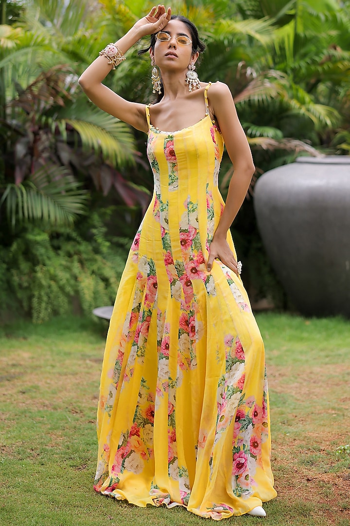 Yellow Georgette Floral Printed Maxi Vacation Dress by Foram Patel at Pernia's Pop Up Shop