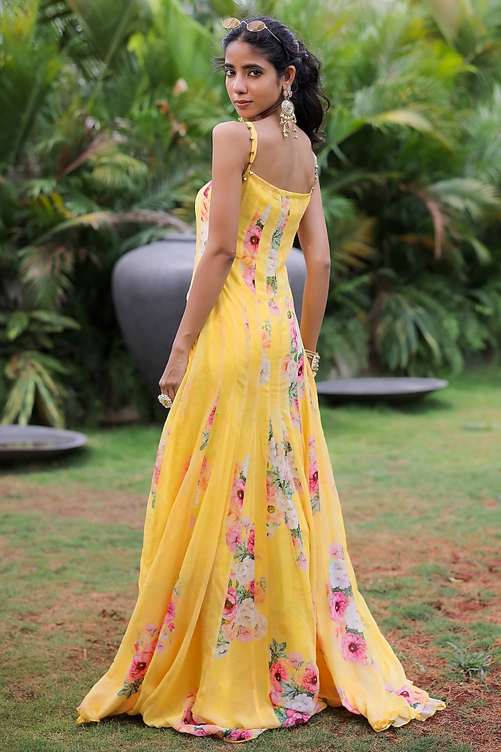 Yellow Georgette Floral Printed Maxi Vacation Dress by Foram Patel at Pernia's Pop Up Shop
