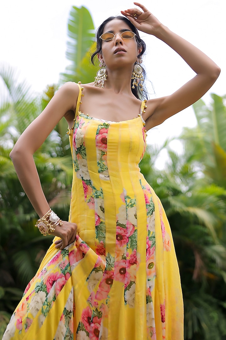 Yellow Georgette Floral Printed Maxi Vacation Dress by Foram Patel at Pernia's Pop Up Shop