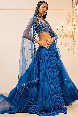 Blue Georgette Mirror Tiered Lehenga Set by Foram Patel