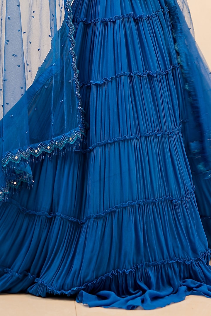 Blue Georgette Mirror Tiered Wedding Lehenga Set by Foram Patel at Pernia's Pop Up Shop
