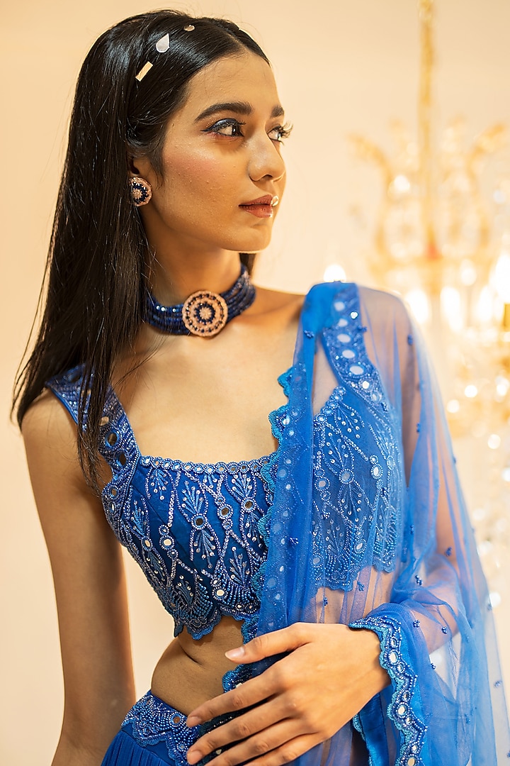 Blue Georgette Mirror Tiered Wedding Lehenga Set by Foram Patel at Pernia's Pop Up Shop