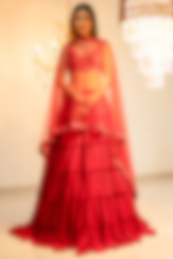 Red Georgette Mirror Tiered Wedding Lehenga Set by Foram Patel at Pernia's Pop Up Shop