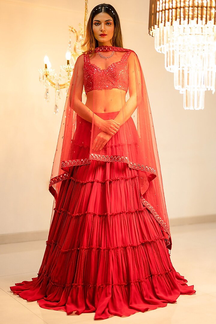 Red Georgette Mirror Tiered Wedding Lehenga Set by Foram Patel at Pernia's Pop Up Shop