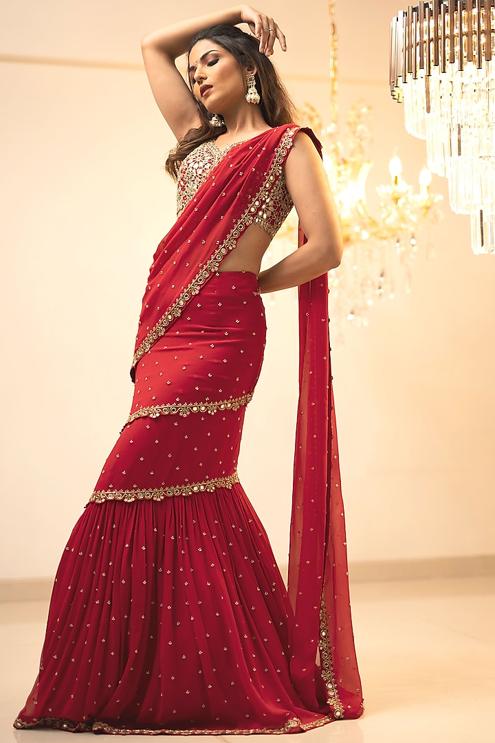 Red Georgette Embroidered Pre-Draped Ruffle Saree Set by Foram Patel
