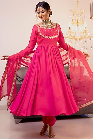 Magenta Organza Mirror Embroidered Anarkali Set by Foram Patel