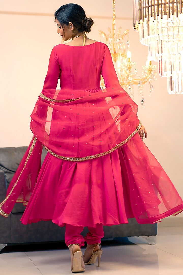 Magenta Organza Mirror Embroidered Party Wear Anarkali Set by Foram Patel at Pernia's Pop Up Shop