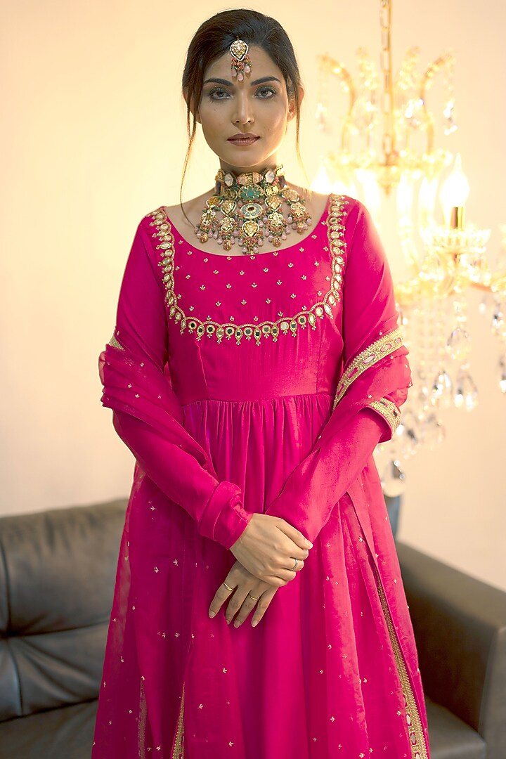 Magenta Organza Mirror Embroidered Party Wear Anarkali Set by Foram Patel at Pernia's Pop Up Shop