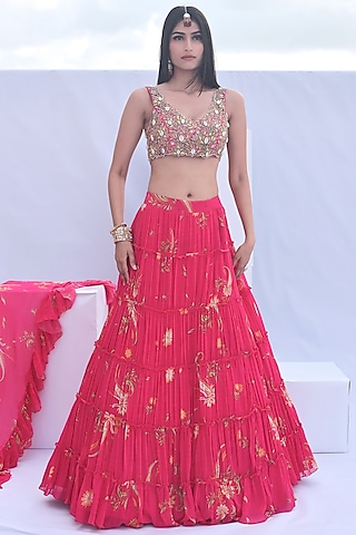 Magenta Pink Georgette Printed Tiered Lehenga Set by Foram Patel