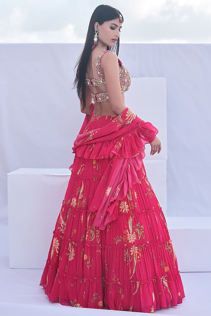 Magenta Pink Georgette Printed Tiered Wedding Lehenga Set by Foram Patel at Pernia's Pop Up Shop