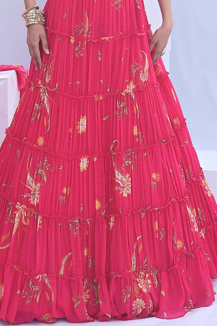 Magenta Pink Georgette Printed Tiered Wedding Lehenga Set by Foram Patel at Pernia's Pop Up Shop