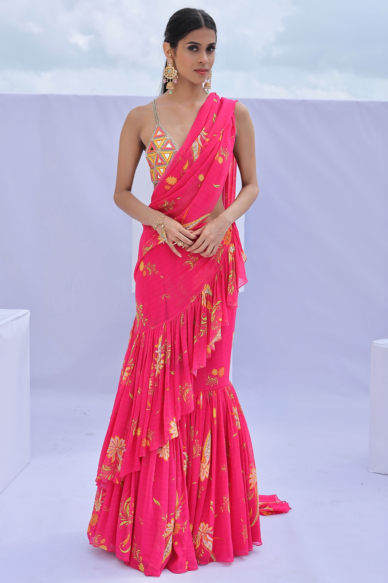 Floral Print Ruffle Saree Online Shopping At Low Price