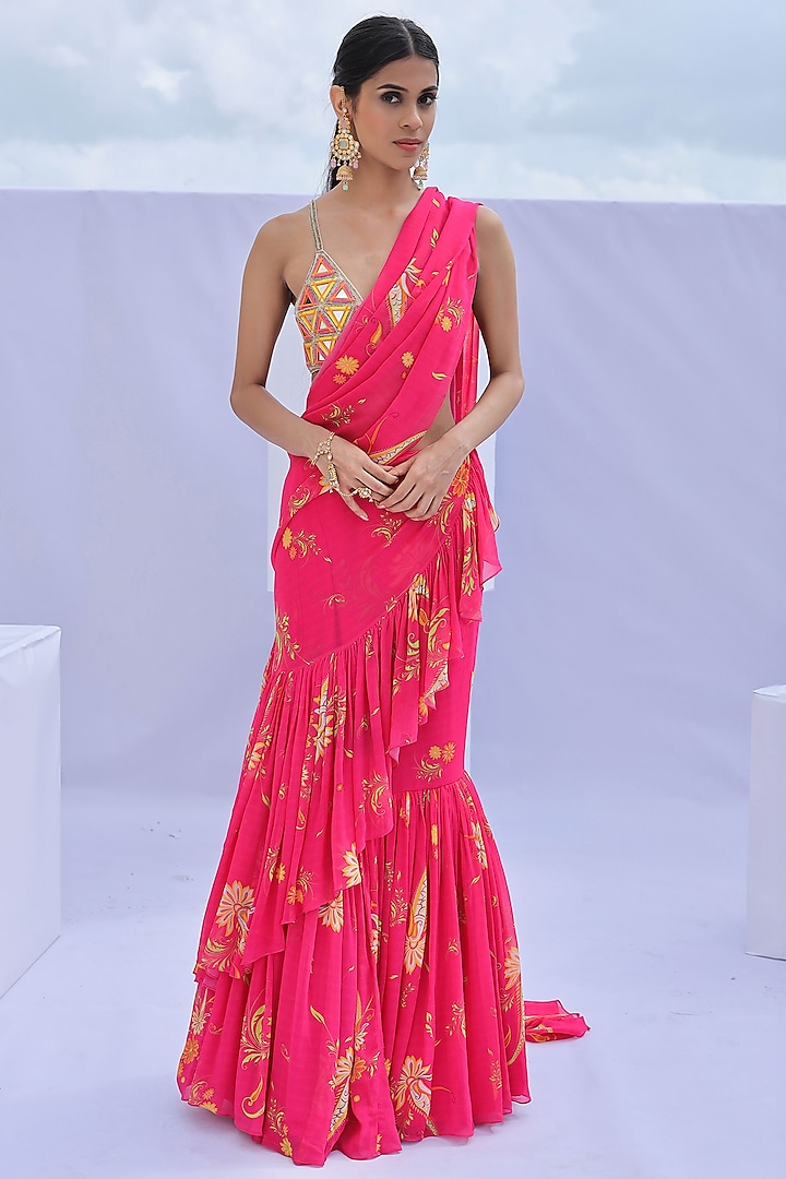 Pink Georgette Mirror Hand Embroidered Pre-Draped Ruffled Saree Set by Foram Patel