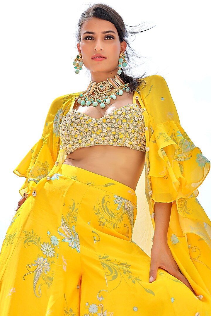 Yellow Natural Crepe Printed Wedding Sharara Set by Foram Patel at Pernia's Pop Up Shop
