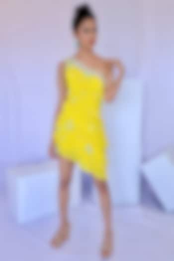 Yellow Georgette Floral Printed One-Shoulder Dress by Foram Patel