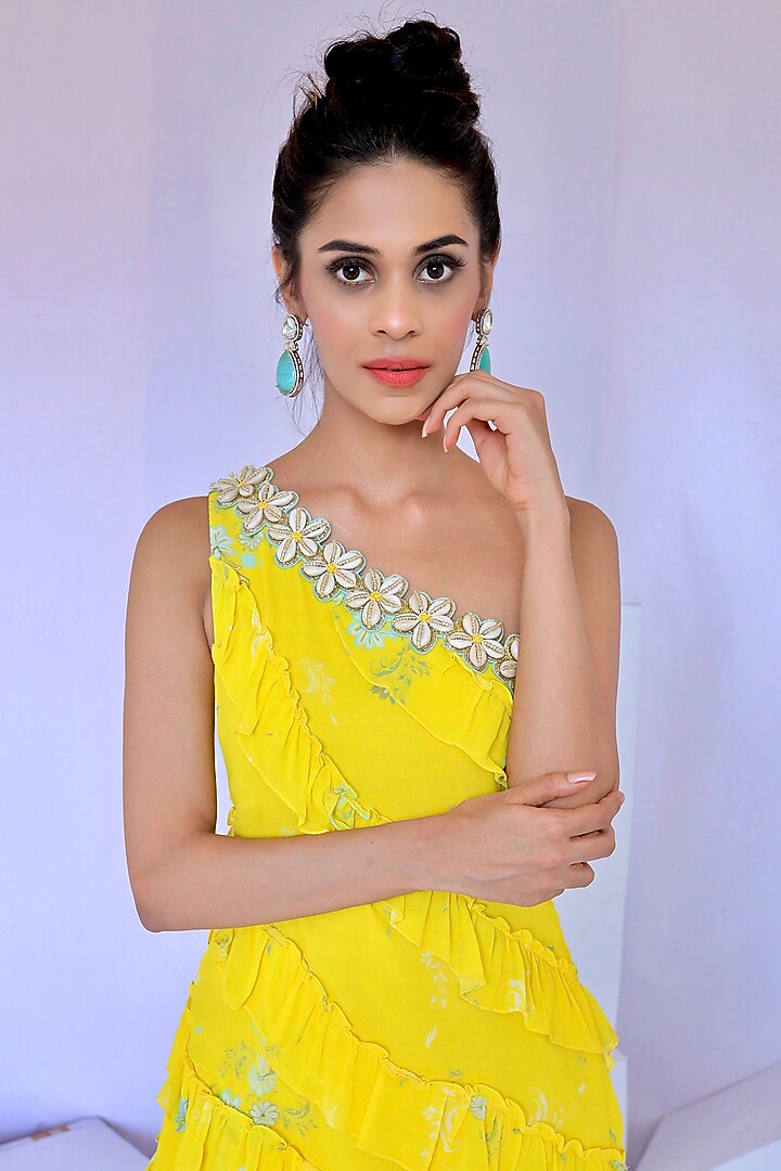 Yellow Georgette Floral Printed One-Shoulder Summer Dress by Foram Patel at Pernia's Pop Up Shop