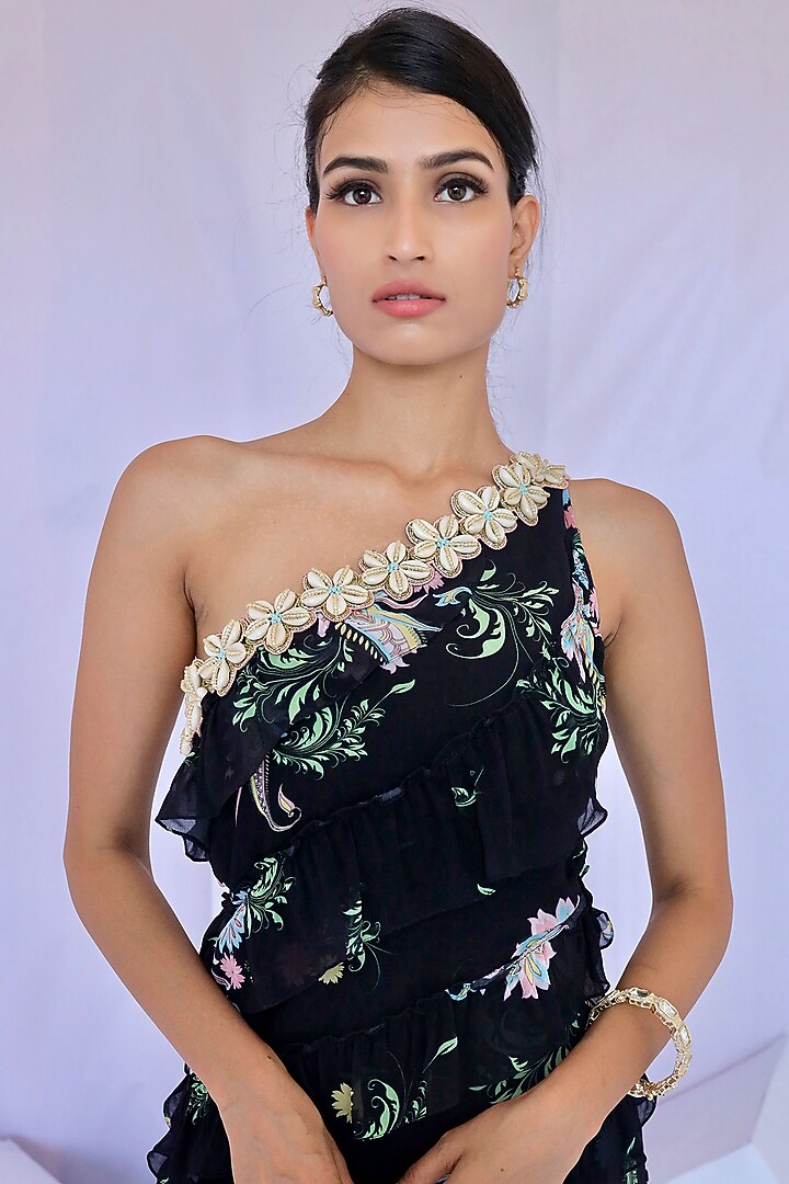 Black Georgette Floral Printed One-Shoulder Summer Dress by Foram Patel at Pernia's Pop Up Shop